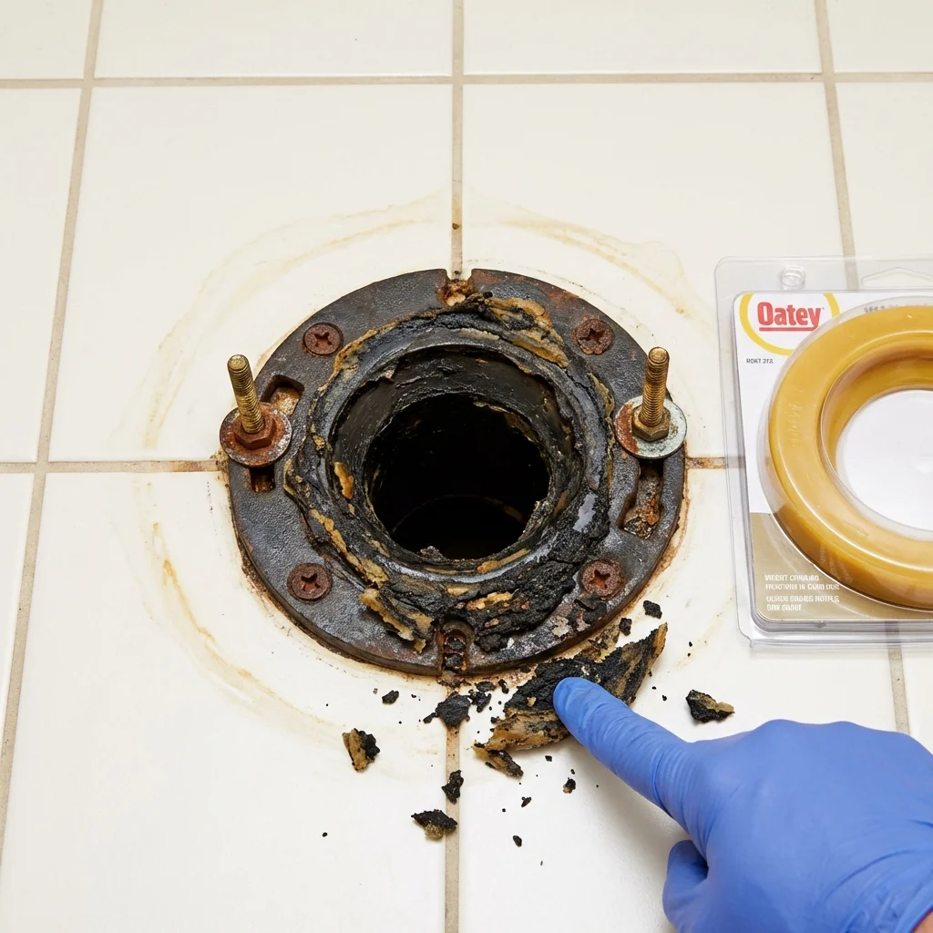 Failed wax ring showing water seepage at the base of a toilet in a Greenwood, AR home